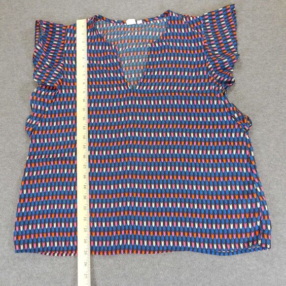 Gap Womens Shirt Large Blue Pink VNeck Flowy Geometric Lightweight Ruffle Sleeve - Picture 3 of 8